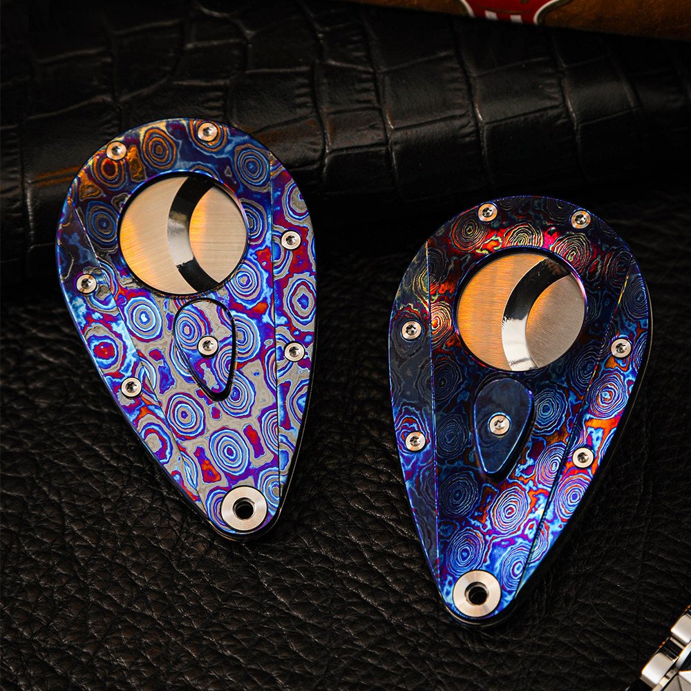 Hand-Forged:Premium Timascus Guitar Cigar Cutter with M390 Super Steel Dual Shears