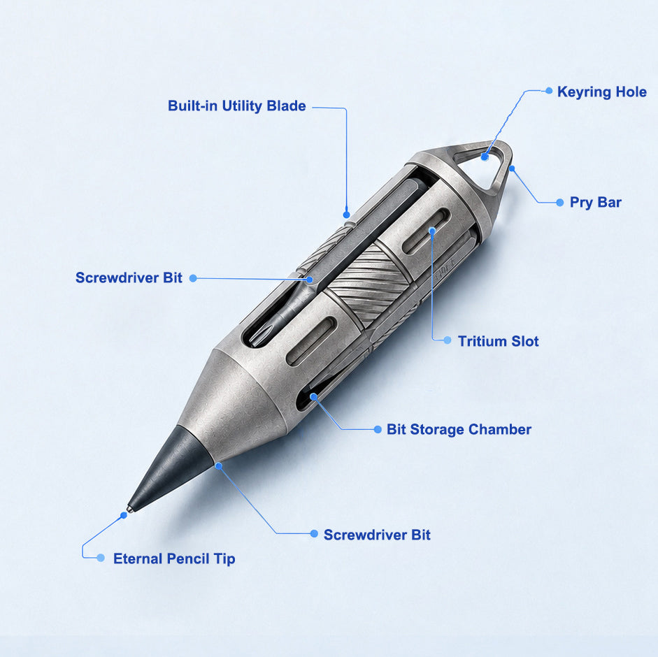 PenPry：7-in-1 Titanium EDC Tool With Eternal Pen, Pry Bar & Screwdriver Bits.
