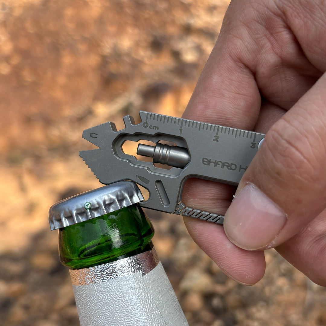 Iron Fist in a Velvet Glove:Titanium Keychain with Whistle, Damascus Knife & Bottle Opener