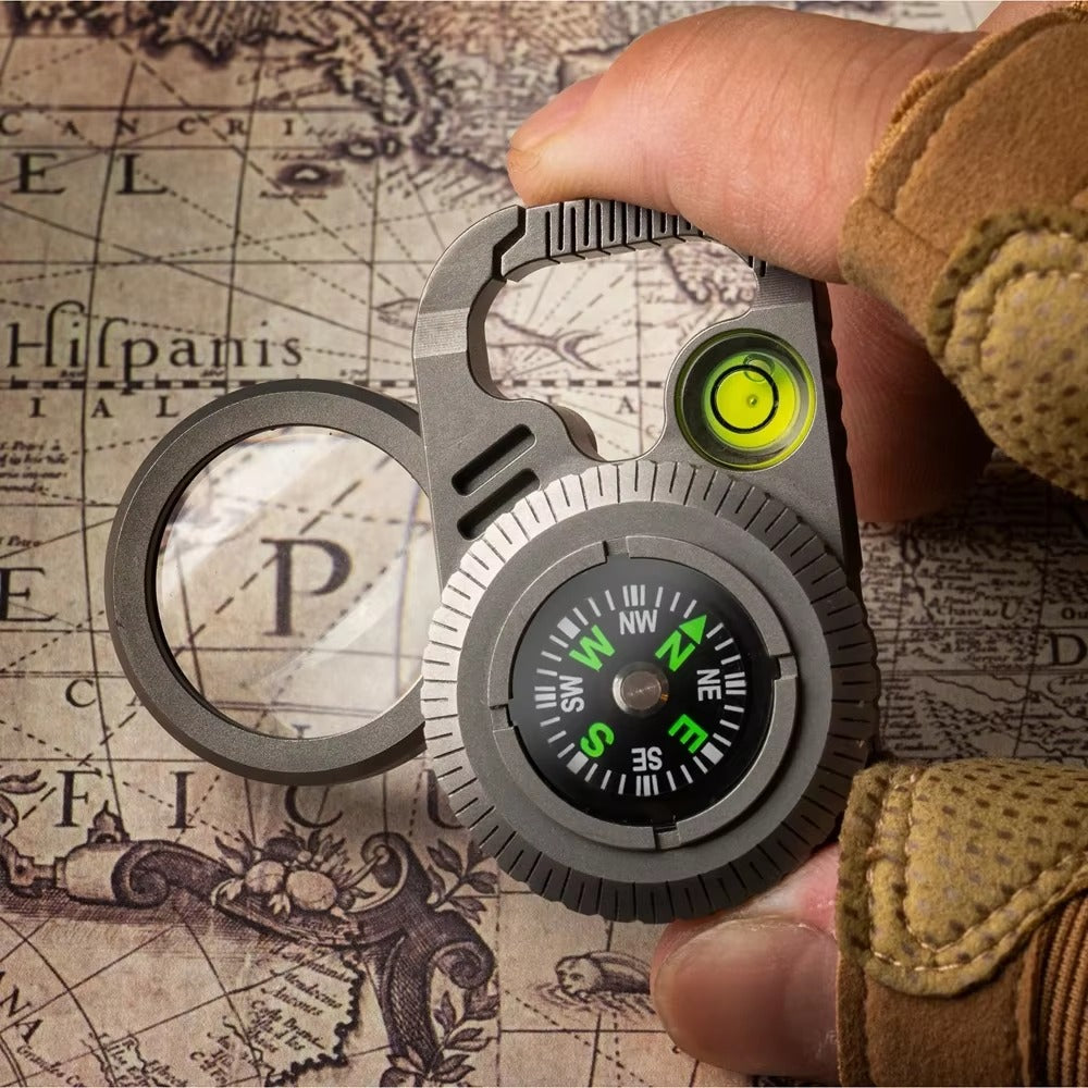 The Magnorth: Titanium Compass EDC Clip with Magnifier, Bubble Level & Pry Bar