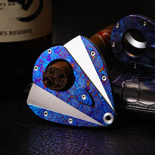Hand-Forged:Premium Timascus Guitar Cigar Cutter with M390 Super Steel Dual Shears
