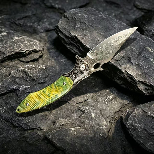The Mist:VG10 Damascus Steel Stabilized Wood EDC Folding Knife