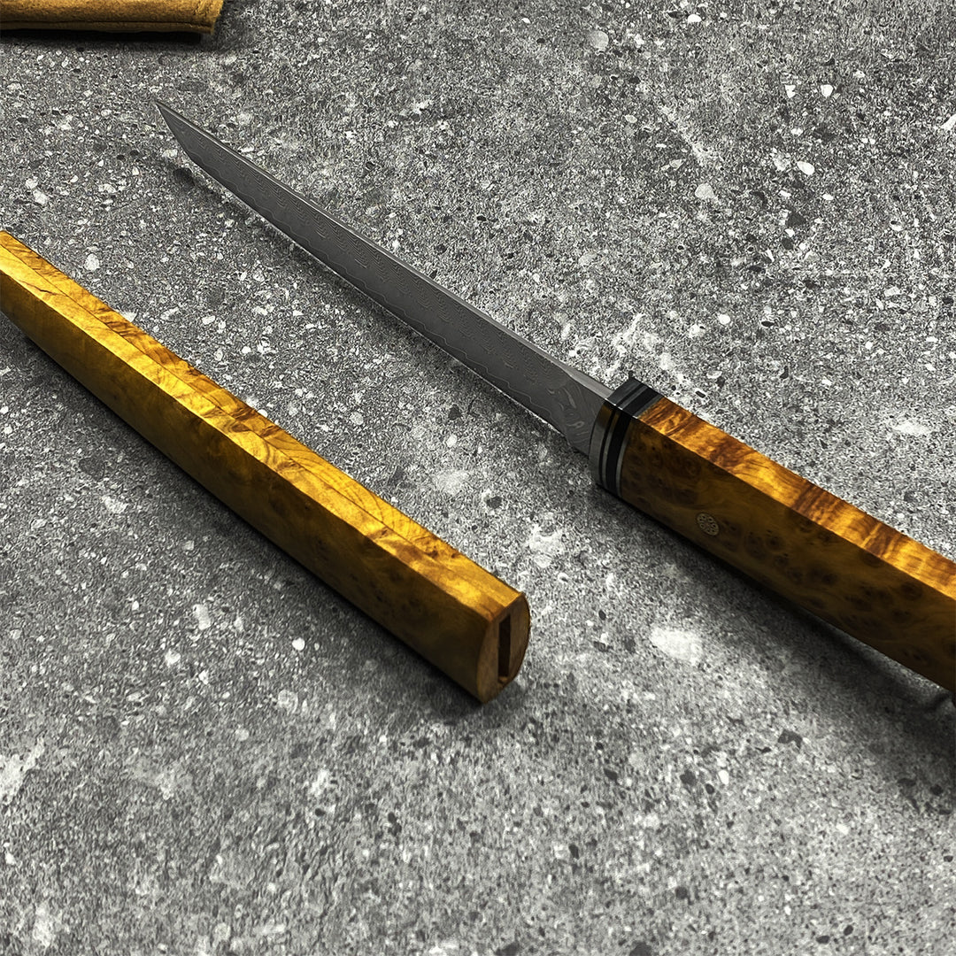The Kiyora:Damascus VG10 Tanto EDC Knife with Thuja Wood Handle