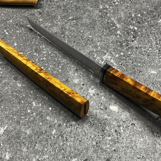 The Kiyora:Damascus VG10 Tanto EDC Knife with Thuja Wood Handle