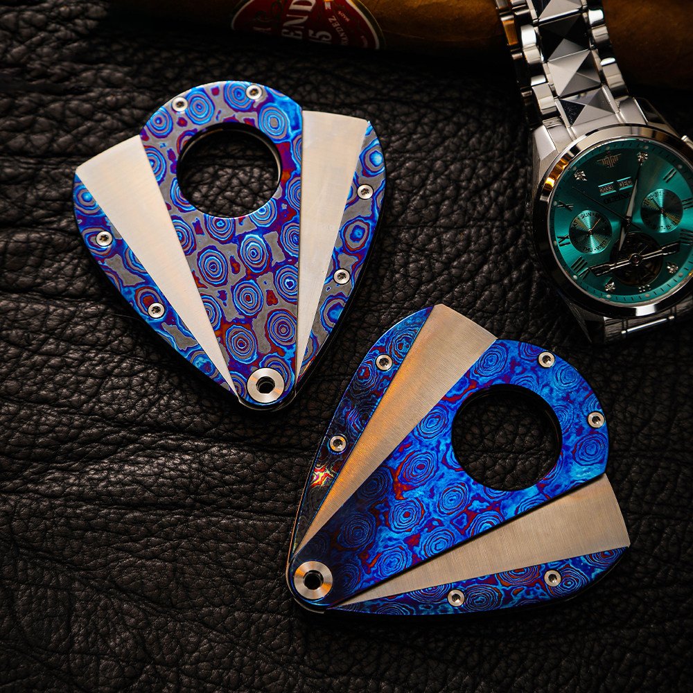 Hand-Forged:Premium Timascus Guitar Cigar Cutter with M390 Super Steel Dual Shears