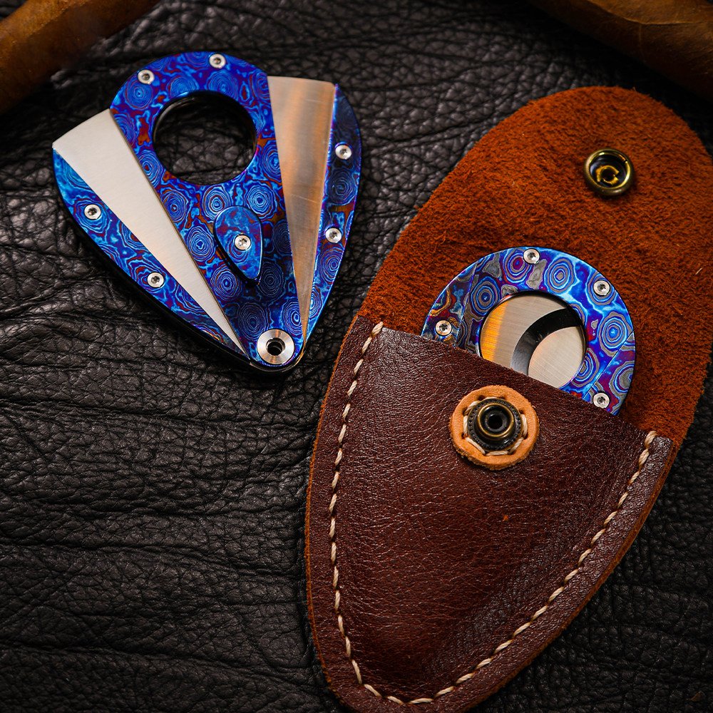Hand-Forged:Premium Timascus Guitar Cigar Cutter with M390 Super Steel Dual Shears