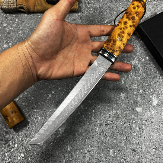 The Kiyora:Damascus VG10 Tanto EDC Knife with Thuja Wood Handle