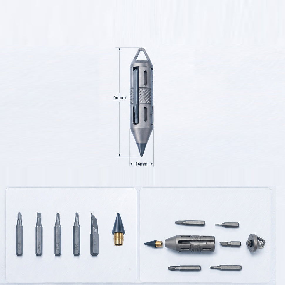 PenPry：7-in-1 Titanium EDC Tool With Eternal Pen, Pry Bar & Screwdriver Bits.