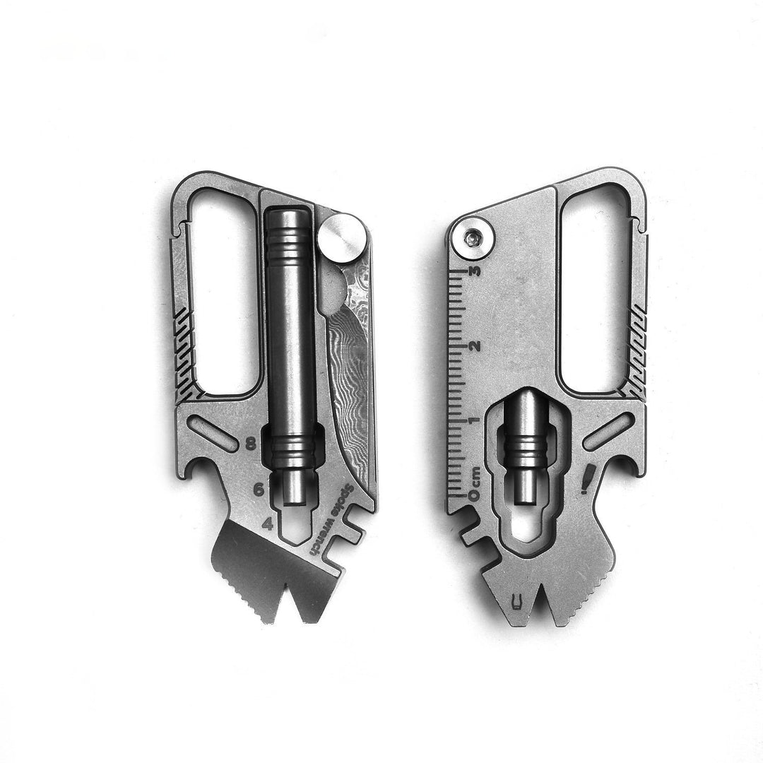 Iron Fist in a Velvet Glove:Titanium Keychain with Whistle, Damascus Knife & Bottle Opener