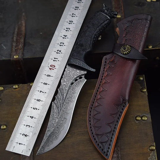 WolfSoul Damascus Knife — VG10 Core, Ebony Handle, Hand-Carved Collectible Blade