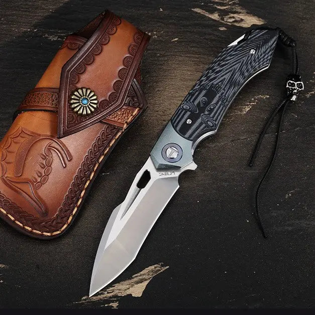 SkullForge D2 Tactical EDC Folding Knife– G10 Grip, Skull Clip & Leather Sheath
