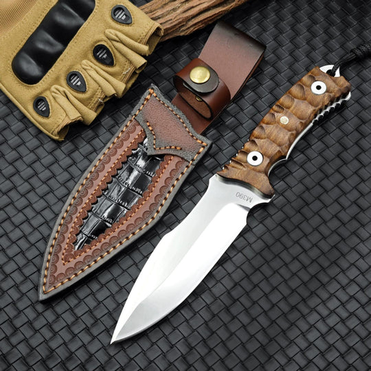 Timberfang – M390 Tactical Fixed Blade Knife with Wood Handle & Leather Sheath