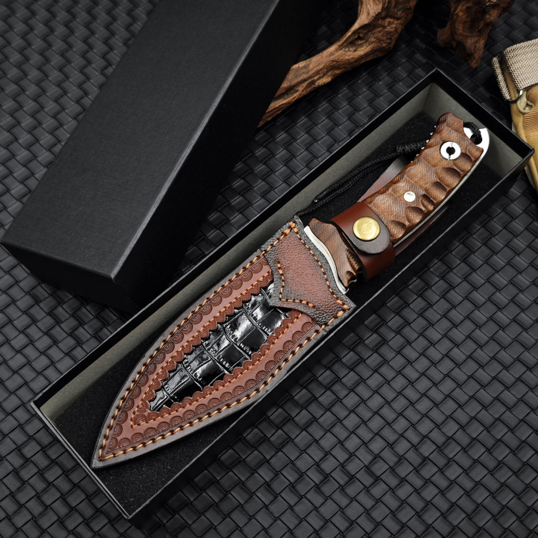 Timberfang – M390 Tactical Fixed Blade Knife with Wood Handle & Leather Sheath