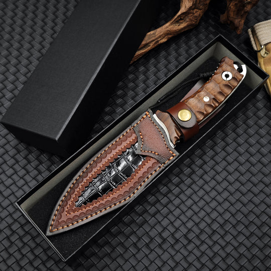 Timberfang – M390 Tactical Fixed Blade Knife with Wood Handle & Leather Sheath