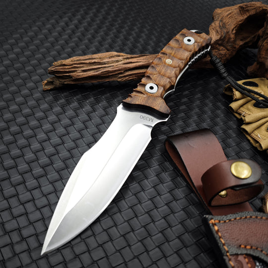 Timberfang – M390 Tactical Fixed Blade Knife with Wood Handle & Leather Sheath