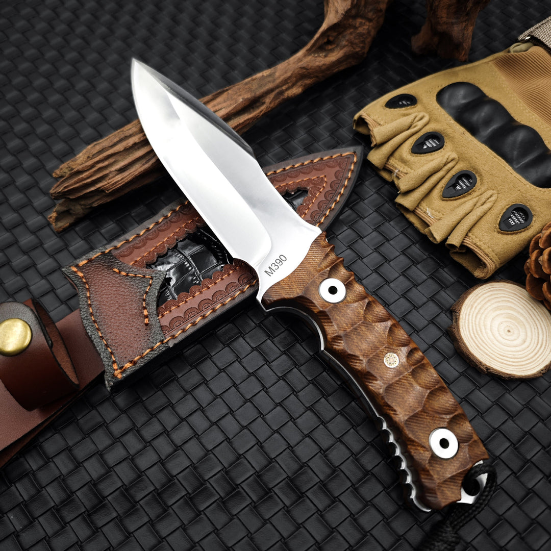 Timberfang – M390 Tactical Fixed Blade Knife with Wood Handle & Leather Sheath