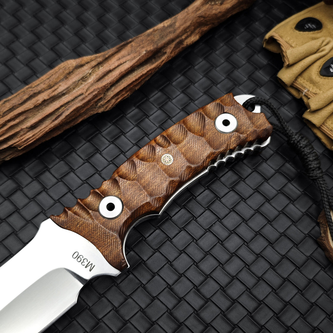 Timberfang – M390 Tactical Fixed Blade Knife with Wood Handle & Leather Sheath