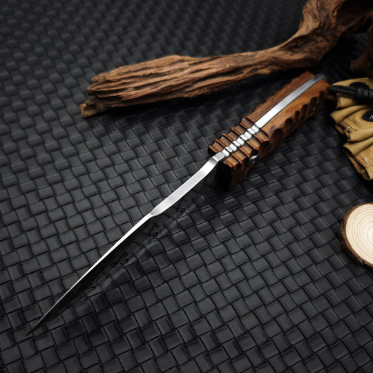 Timberfang – M390 Tactical Fixed Blade Knife with Wood Handle & Leather Sheath