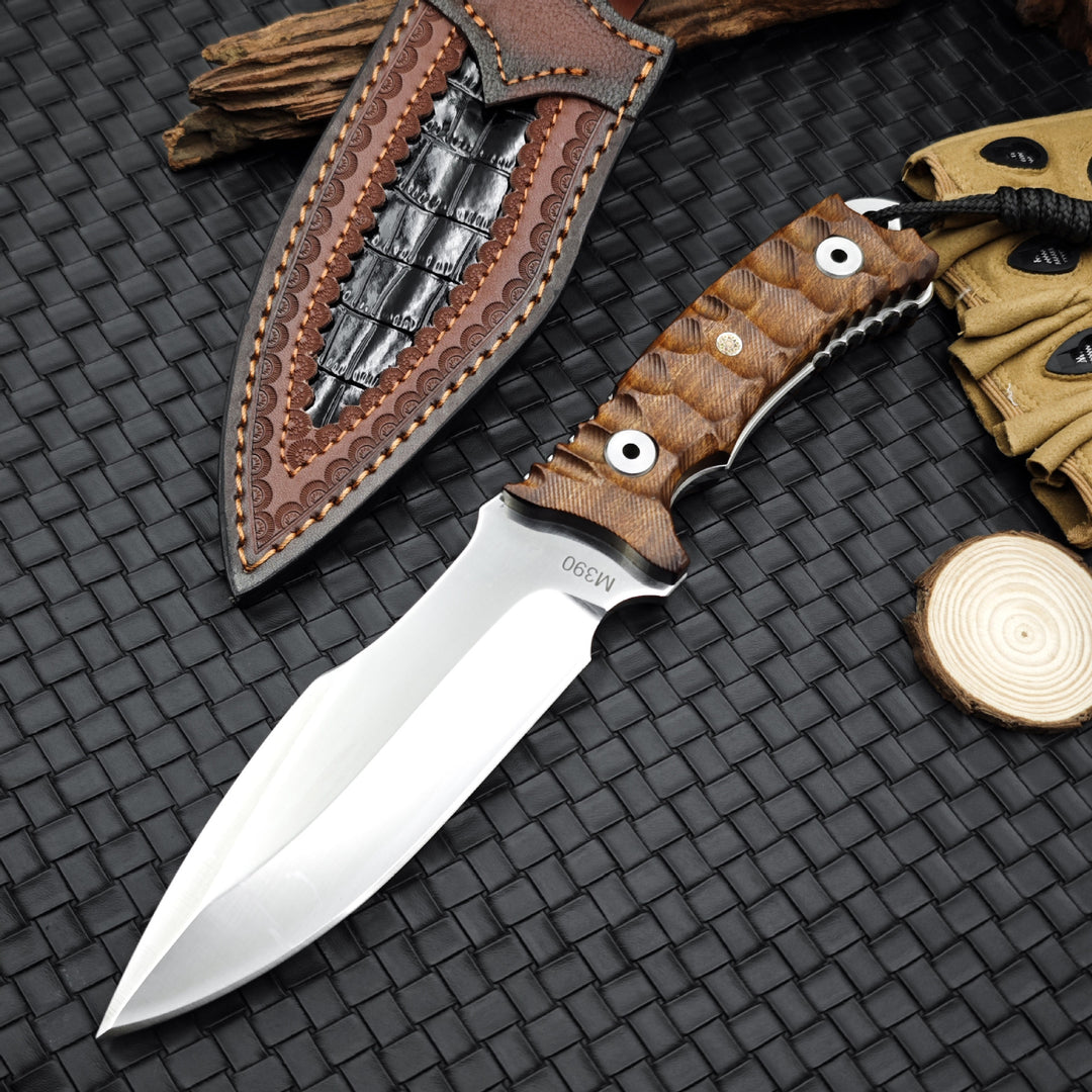 Timberfang – M390 Tactical Fixed Blade Knife with Wood Handle & Leather Sheath