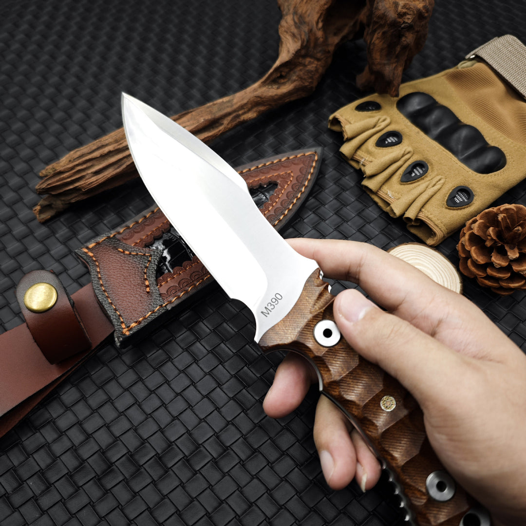 Timberfang – M390 Tactical Fixed Blade Knife with Wood Handle & Leather Sheath