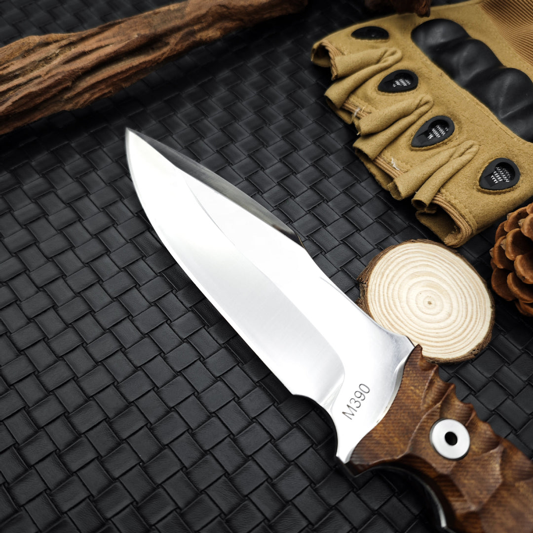 Timberfang – M390 Tactical Fixed Blade Knife with Wood Handle & Leather Sheath
