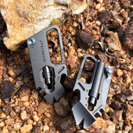Iron Fist in a Velvet Glove:Titanium Keychain with Whistle, Damascus Knife & Bottle Opener