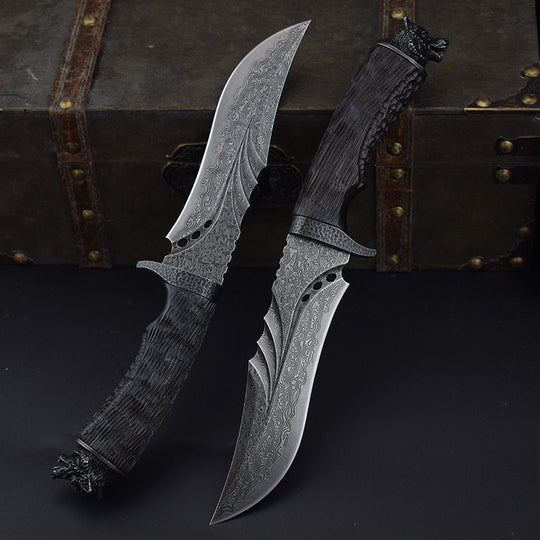 WolfSoul Damascus Knife — VG10 Core, Ebony Handle, Hand-Carved Collectible Blade