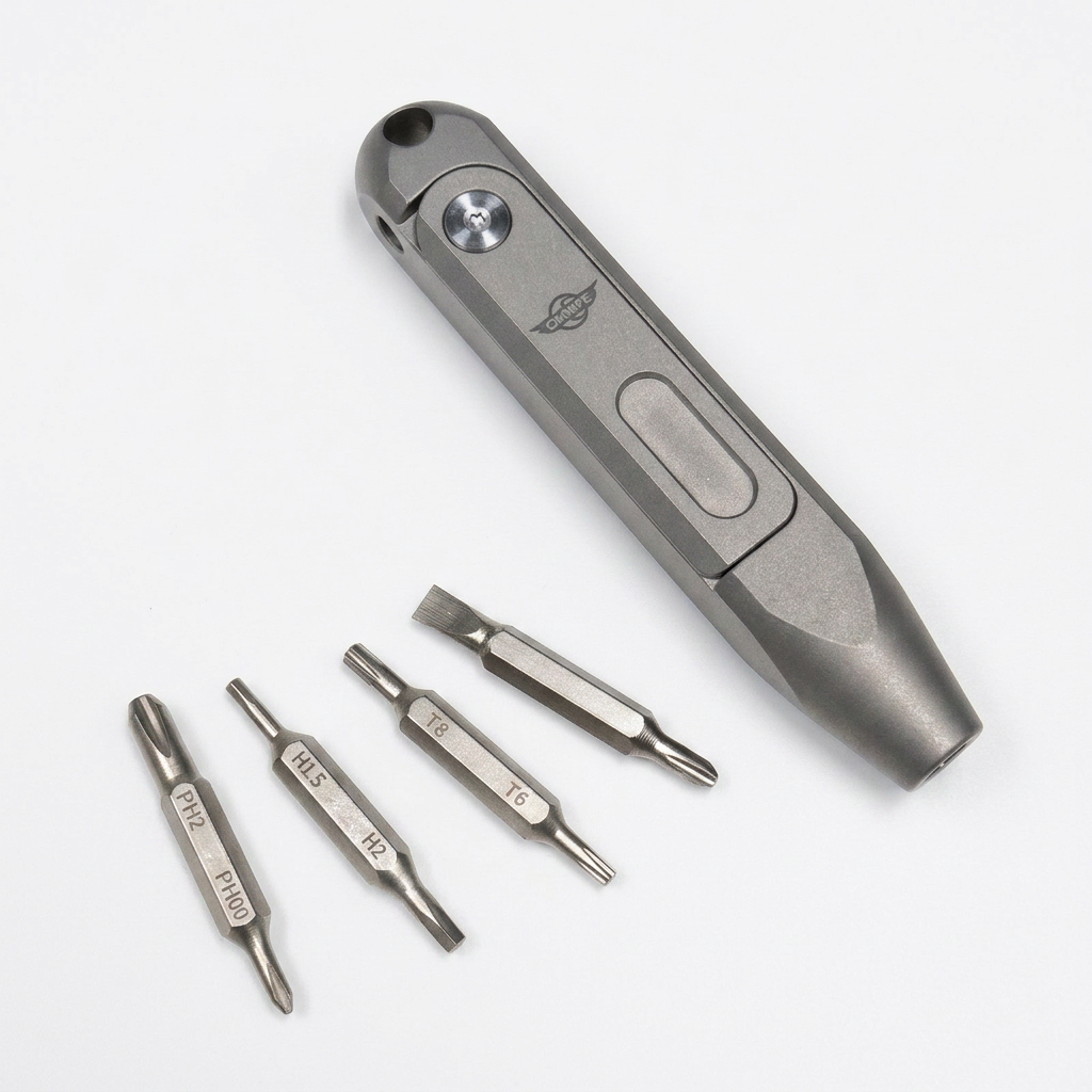 The Maestro:Titanium EDC Screwdriver Tool Featuring 8 Interchangeable S2 Steel 4mm Bits
