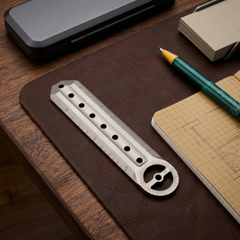 The Rulixor:Titanium Mini Ruler Protractor EDC Tool