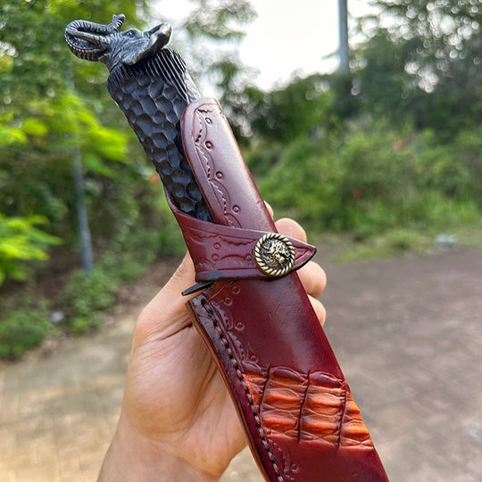 Elephant Forge VG10 Damascus Knife — Handcrafted Ebony Handle with Leather Sheath