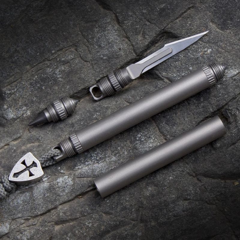 Titanium Multi-Tool shown with accessories on tabletop, emphasizing compact size and tactical aesthetic