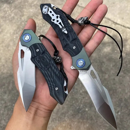 SkullForge D2 Tactical EDC Folding Knife– G10 Grip, Skull Clip & Leather Sheath