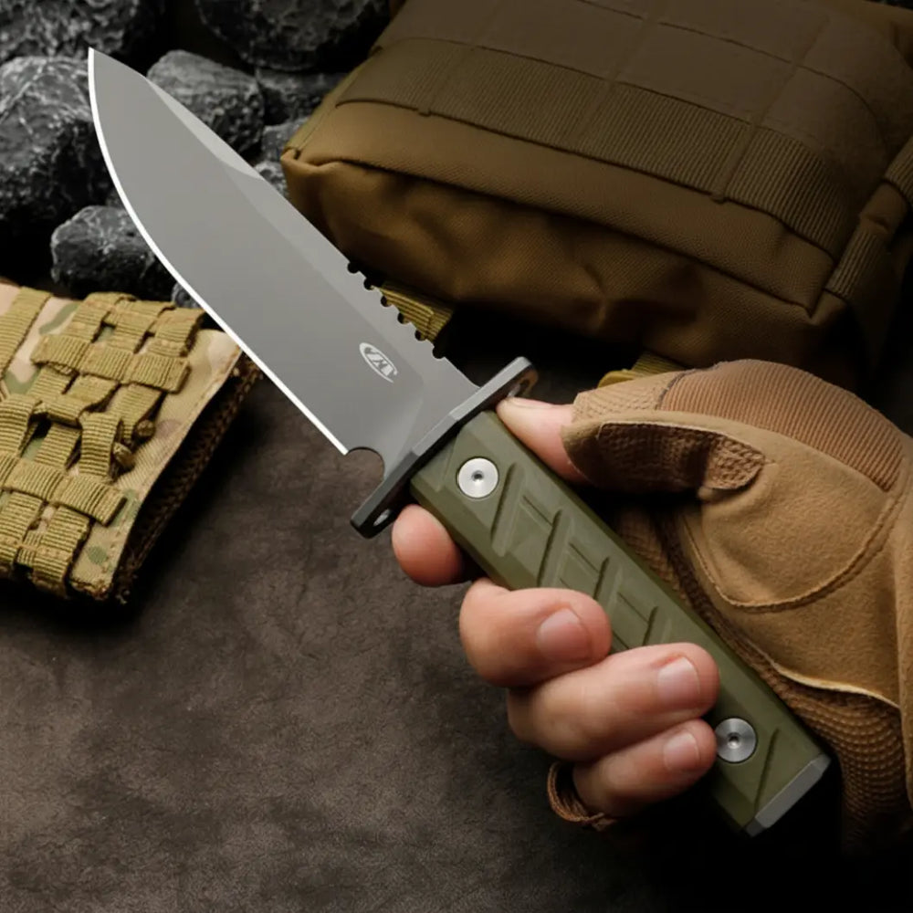 Grey Wolf Survival Knife - High Carbon Steel, Grey Titanium Coated, Ergonomic Grip for Hunting & Camping