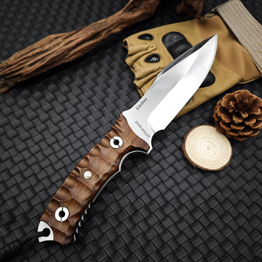 Timberfang – M390 Tactical Fixed Blade Knife with Wood Handle & Leather Sheath
