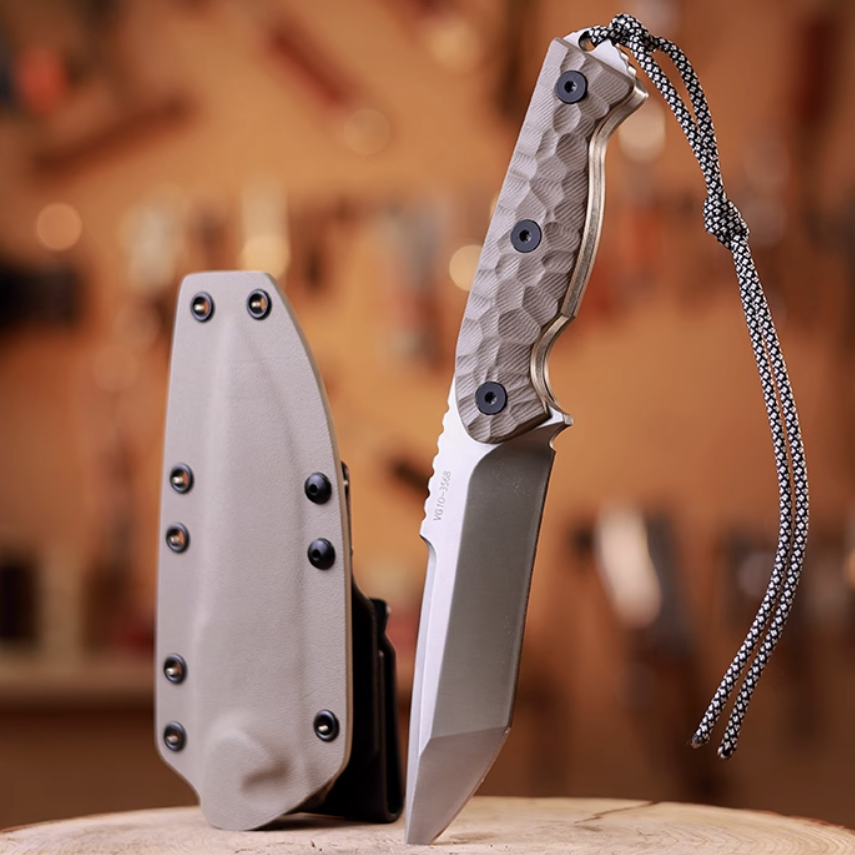 G10 fixed blade with textured handle and sheath