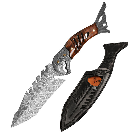 Ironwood Fang – Damascus Fishbone Outdoor Fixed Blade Knife