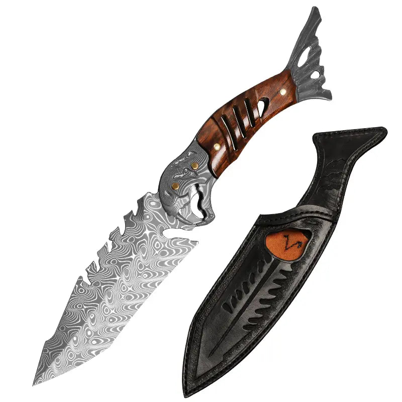Ironwood Fang – Damascus Fishbone Outdoor Fixed Blade Knife