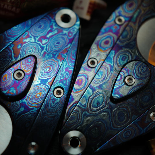 Hand-Forged:Premium Timascus Guitar Cigar Cutter with M390 Super Steel Dual Shears