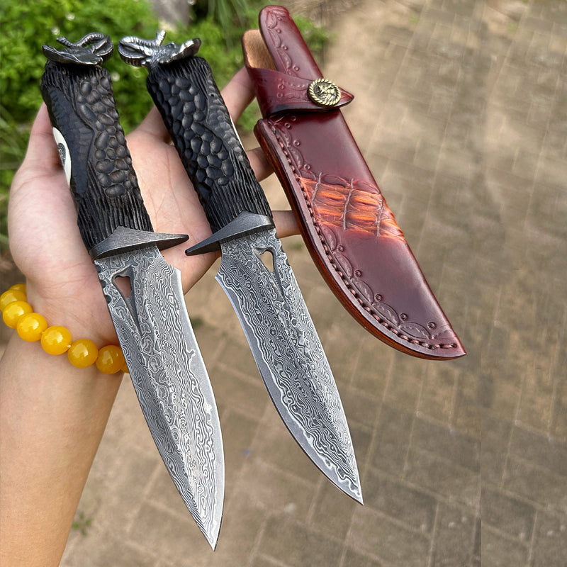 Elephant Forge VG10 Damascus Knife — Handcrafted Ebony Handle with Leather Sheath