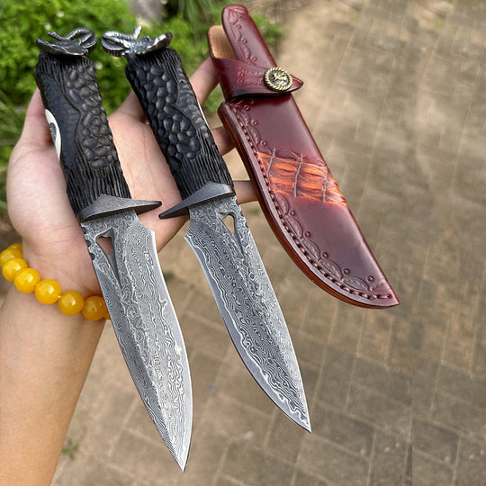 Elephant Forge VG10 Damascus Knife — Handcrafted Ebony Handle with Leather Sheath