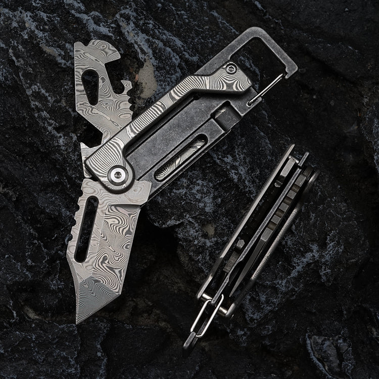 The Dual-Action Blade: 9-in-1 Damascus Keychain Folding Knife