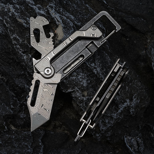 The Dual-Action Blade: 9-in-1 Damascus Keychain Folding Knife