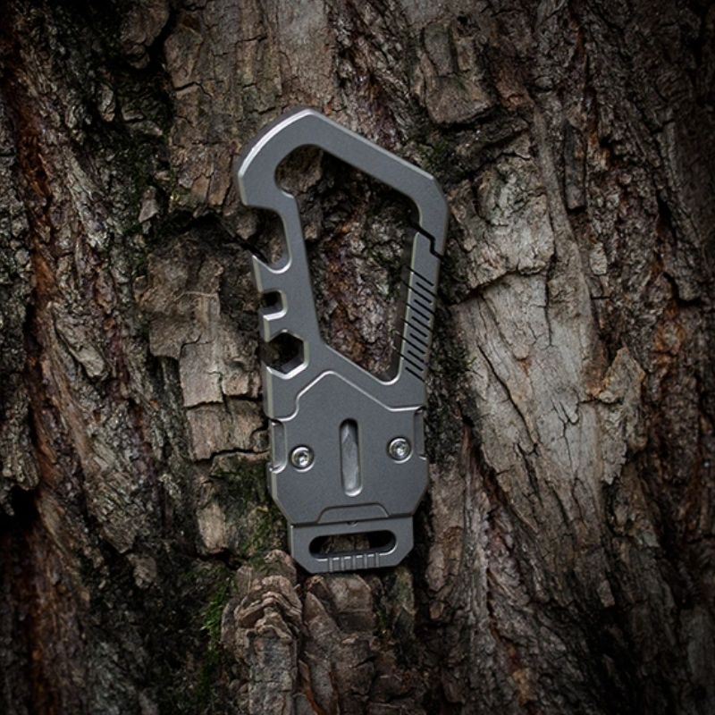 Titanium Alloy + Leather Keychain Carabiner – Removable Crowbar EDC Tool (Cutter, Screwdriver, Opener)