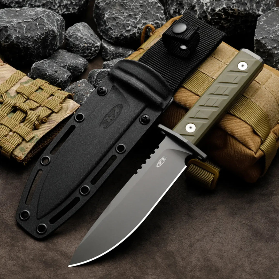 Grey Wolf Survival Knife - High Carbon Steel, Grey Titanium Coated, Ergonomic Grip for Hunting & Camping