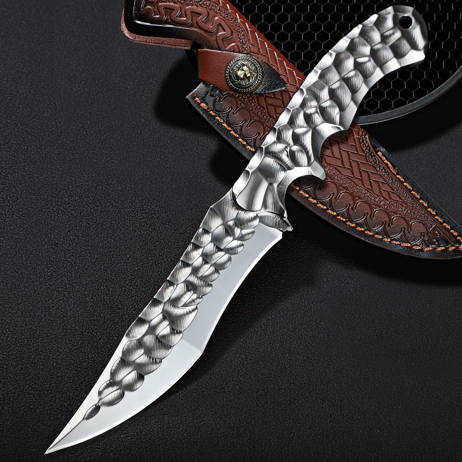 VG10 hunting knife angled to showcase premium steel blade and stylish dragonbone handle texture