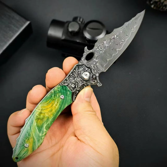 The Mist:VG10 Damascus Steel Stabilized Wood EDC Folding Knife