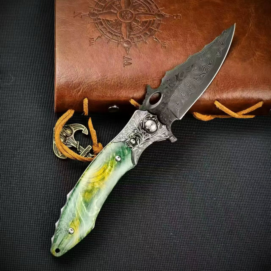 The Mist:VG10 Damascus Steel Stabilized Wood EDC Folding Knife