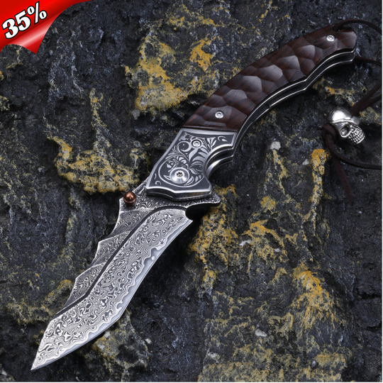 Sky Blade Premium Damascus Folding Knife – Wood Handle, Leather Sheath