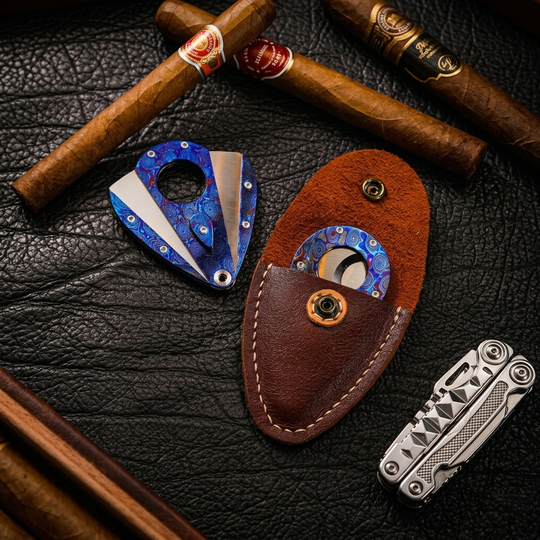 Hand-Forged:Premium Timascus Guitar Cigar Cutter with M390 Super Steel Dual Shears