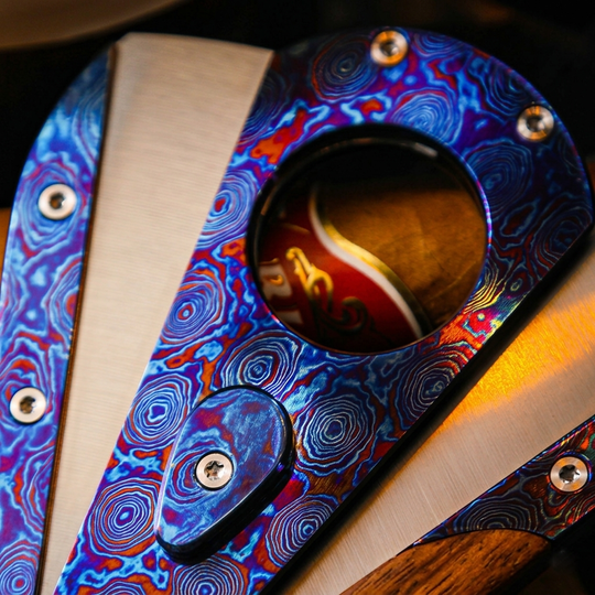 Hand-Forged:Premium Timascus Guitar Cigar Cutter with M390 Super Steel Dual Shears